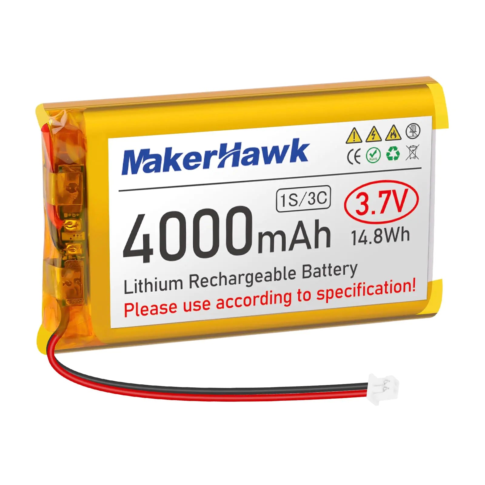 MakerHawk 3.7V 4000mAh LiPo Battery Rechargeable 1S 3C 124065 Lithium Polymer Battery with Protection Board Insulated Rubber Tape Micro JST 1.25 Plug for Arduino ESP32 Development Board (1 Pack)
