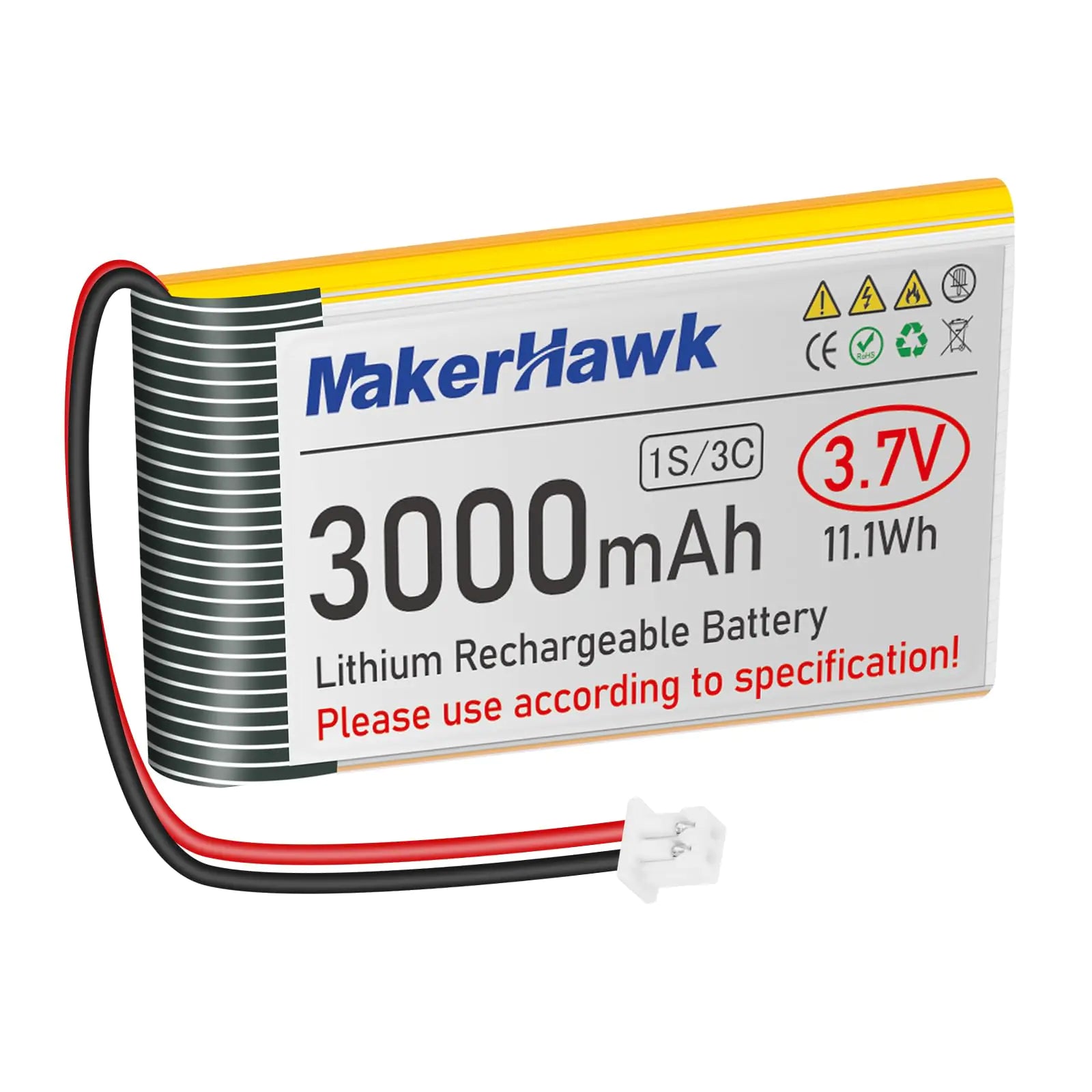 MakerHawk 3.7V 3000mAh LiPo Battery Rechargeable 1S 3C 103665 Lithium Polymer Battery with Protection Board Insulated Rubber Tape Micro JST 1.25 Plug for Arduino ESP32 Development Board (1 Pack)
