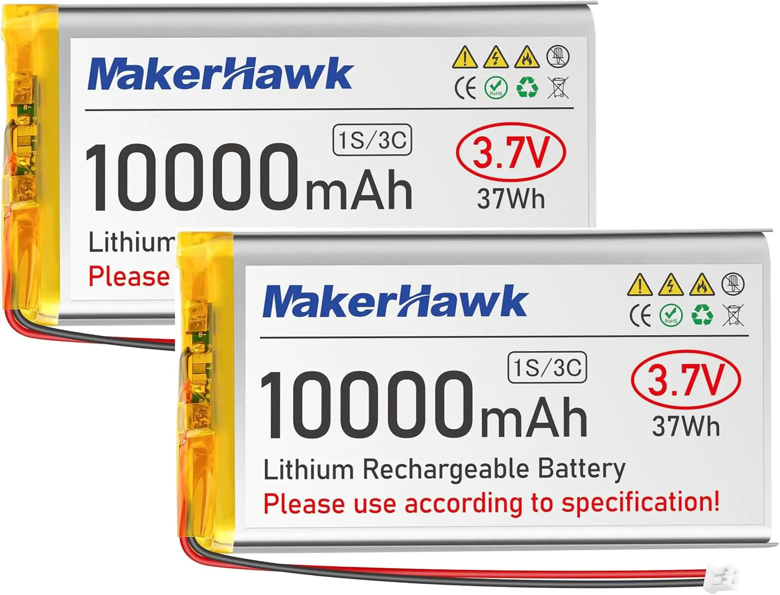 MakerHawk 3.7V 10000mAh LiPo Battery Rechargeable 1S 3C Lithium Polymer Battery with Protection Board Insulated Rubber Tape PH2.0 Plug for Arduino ESP32 Board RPI Battery Pack UPS (2 Pack)